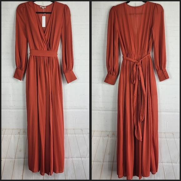 Baltic Born Celine Faux Wrap Long Sleeve Chiffon Bridesmaid Dress Rust Red Small - Picture 2 of 11